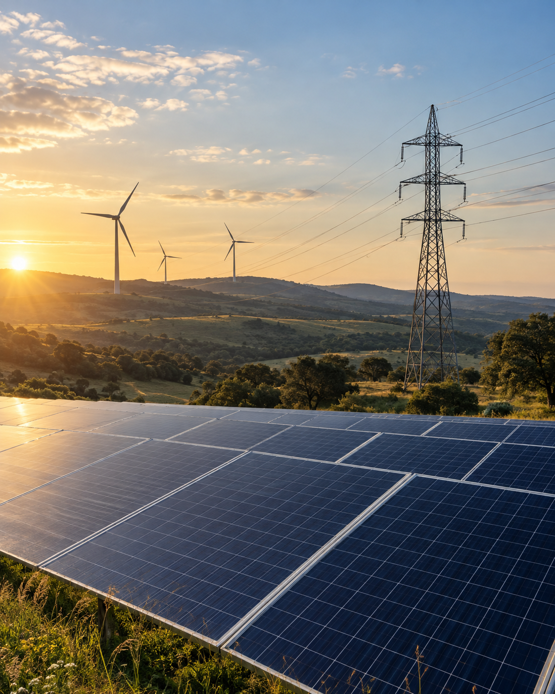 Paneles solares, aerogeneradores y una red de distribución eléctrica al amanecer